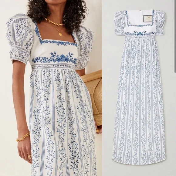 Agua by Agua Bendita Pistachio Beaded Blue Floral Dress Maxi Women's size Medium - Picture 2 of 16